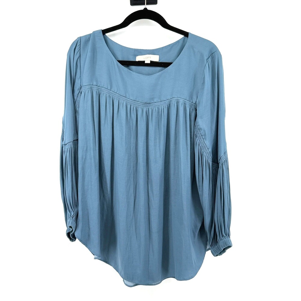 Loft Blouse Pleated Balloon Sleeve Medium Blue Womens Boho Peasant Top